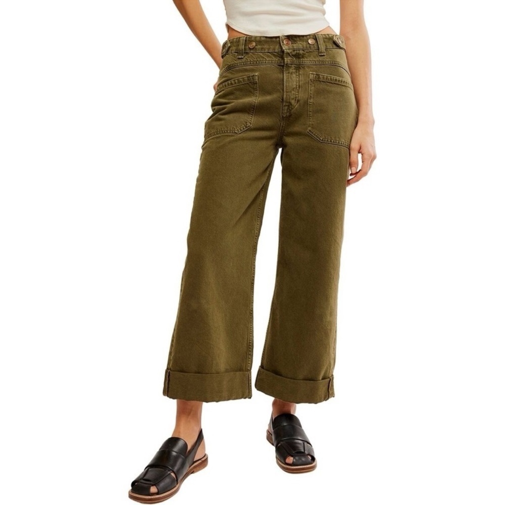 NWT Free People Palmer Wide-Leg Cuffed Jeans Green 25